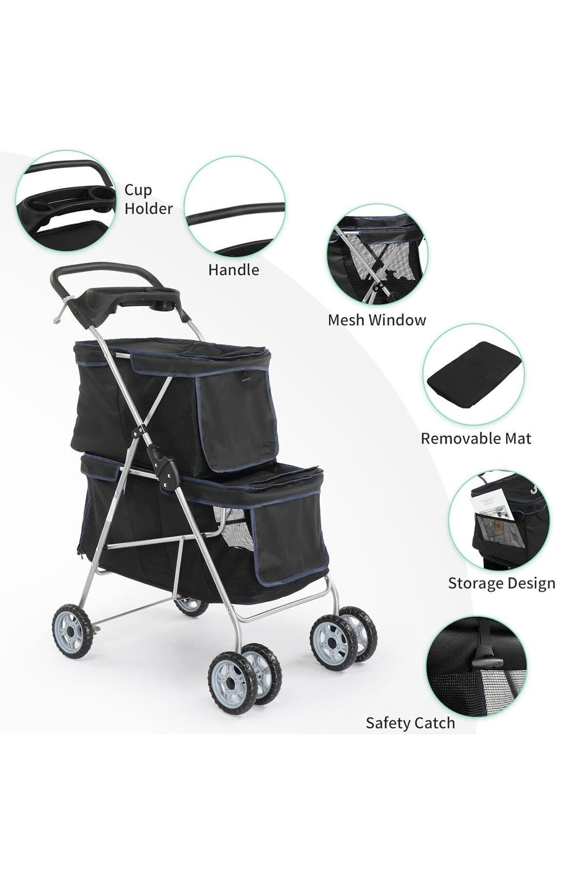 Glipet Twingo Çift Kabinli Kedi Köpek Arabası 68x52x102 Cm