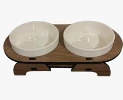 SERAMİK MAMA KABI AHŞAP OVAL İKİLİ